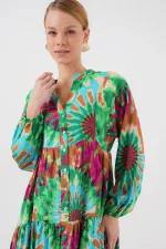 2423 Otantik Desenli Tesettür Elbise - Yeşil 9