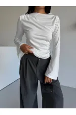 Kadın Beyaz Drape Detaylı İspanyol Kol Sany Bluz HZL25W-FRY123431