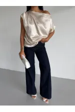 Kadın Krem Tek Omuz Asimetrik Kesim Saten Bluz HZL26W-FRY121171
