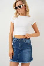 Women's Tassel Mini Denim Skirt 8051 - Navy Blue