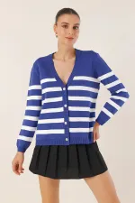 Cardigan en tricot à rayures bleu marine pour femme, coupe décontractée, col en V, HZL24W-BD1102151