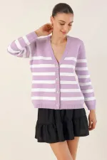 Cardigan en tricot à rayures lilas pour femme, coupe décontractée, col en V, HZL24W-BD1102151