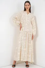 Kadın Desenli Uzun Tesettür Elbise 2585 - Düz Krem