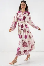 Women's Patterned Long Hijab Dress 2585 - D. Fuchsia