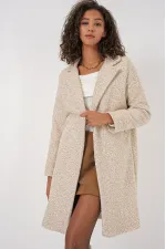 Manteau en cachemire bouclé doublé crème chiné pour femme, à un bouton et double poche HZL22W-BD190821
