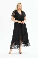 Kadın Siyah Büyük Beden V Yaka Astarlı Dantel Detaylı Şık Abiye Elbise HZL26S-PR11071
