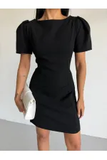 Women's Black Boat Neck Welt Pocket Short Sleeve Mini Dress HZL26S-FRY123891 Women's Black Boat Neck Welt Pocket Short Sleeve Mini Dress HZL26S-FRY123891