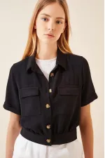 Women's Black Pocket Buttoned Short Sleeve Summer Crop Shirt Jacket HZL22S-BD106631