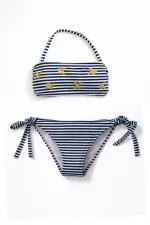 Kız Çocuk Lacivert Beyaz Çizgili Arı Çıkartmalı 4-12 Yaş Straplez Bikini Takım HZL24S-LC3228