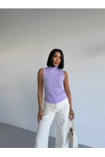 Women's Lilac Turtleneck Sleeveless Sandy Crop Blouse HZL26S-FRY123931 Women's Lilac Turtleneck Sleeveless Sandy Crop Blouse HZL26S-FRY123931