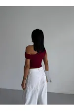 Kadın Bordo Yandan Drapeli Kayık Yaka Sandy Bluz HZL25S-FRY123201