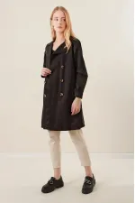 Trench-coat court noir à double boutonnage pour femme, non doublé, confortable et de saison, avec ceinture (HZL23S-BD158641)