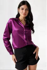 Kadın Mor Hafif Dökümlü Saten Yüzeyli Gömlek Hzl22w-bd139641
