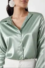 Kadın Çağla Yeşili Hafif Dökümlü Saten Yüzeyli Gömlek Hzl22w-bd139641
