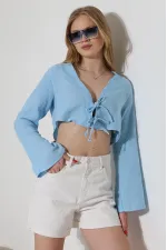 Kadın Buz Mavi Önden Bağlamalı Müslin Kumaş Crop Bluz HZL25S-DSB104071
