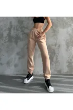 Kadın Bej Cepli Beli Paçası Lastikli 3 İplik Şardonlu Eşofman Altı HZL24W-ZK12321