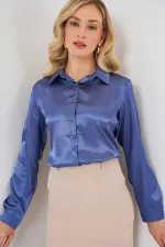 3964 Lightly Draped Satin Shirt - Dark Navy