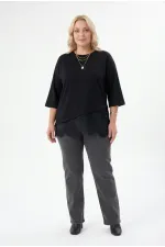 Women's Black Plus Size Crew Neck Short Sleeve T-Shirt with Tulle Detail HZL26S-ZSS19521 Women's Black Plus Size Crew Neck Short Sleeve T-Shirt with Tulle Detail HZL26S-ZSS19521