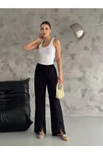 Kadın Siyah Lastikli Bel Yırtmaç Detaylı Cepsiz İthal Keten Astarsız Pantolon HZL24S-FRY121941