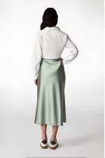 Kadın Çağla Saten Yüzeyli Beli Lastikli Midi Boy Etek Hzl23s-bd1101471