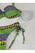 Kadın Yeşil Çok Renkli Etnik Desen Atarlı Bikini Takımı HZL25S-LC8004