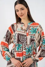 Kadın Desenli Uzun Tesettür Elbise 2585 - Koyu Kahve