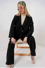 Kadın Siyah Keten Bağlama Detaylı Kimono Pantolon İkili Takım HZL26S-BD167271