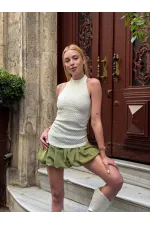 Kadın Krem Boyundan Bağlamalı Gofre Kumaş Bluz HZL25S-ZK13631