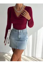 Kadın Bordo Degaje Yaka Yandan Büzgülü Uzun Kol Sandy Bluz HZL24W-FRY122481
