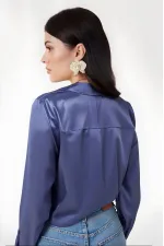 Kadın Mavi Hafif Dökümlü Saten Yüzeyli Gömlek HZL22W-BD139641