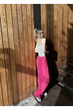 Pantalon large en lin rose pour femme, taille élastique, avec poches, HZL24S-ZK11051