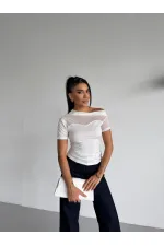 Women's White One-Shoulder Elegant Sandy Blouse with Transparent Tulle Detail HZL26S-FRY123871