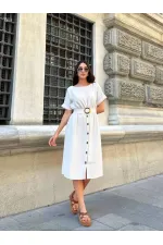 Kadın Krem Kemerli Düğmeli Yazlık Keten Viskon Elbise HZL23S-BD123891