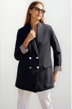 Blazer noir à boutons et doublure léopard pour femme HZL25W-BD107041