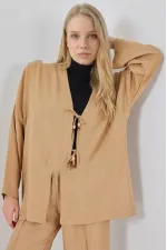 Kadın Bej Keten Bağlama Detaylı Kimono Pantolon İkili Takım HZL26S-BD167271