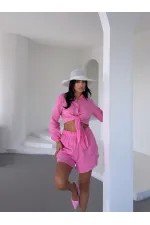 Kadın Pembe Müslin Keten Şort Gömlek Alt Üst Takım HZL25S-DSB1012