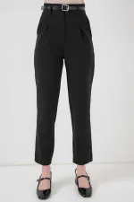 Kadın Siyah Yüksel Bel Kemerli Kumaş Pantolon HZL25S-BD167251