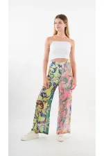 Kadın Yeşil Pembe Desenli Yüksek Bel Bol Paça Pantolon HZL22S-YY284
