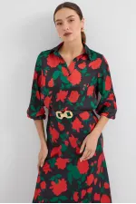 Ensemble deux pièces en satin à motifs noirs et rouges pour femme 8018