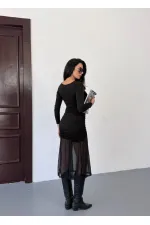 Women's Black Square Neck Tulle Skirt Dress HZL25W-FRY123561