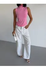 Women's Pink Turtleneck Sleeveless Sandy Crop Blouse HZL26S-FRY123931