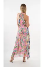 Kadın Çok Renkli Bloklu Yaprak Desenli Halter Yaka Kuşaklı Astarlı Uzun Elbise HZL24S-YY233