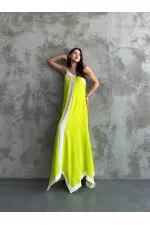 Kadın Fıstık Yeşili Beyaz Detaylı Asimetrik Kesim V Yaka İp Askılı Elbise HZL24S-MJ113041