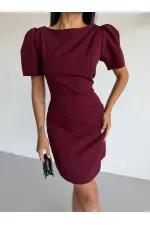 Women's Burgundy Boat Neck Welt Pocket Short Sleeve Mini Dress HZL26S-FRY123891 Women's Burgundy Boat Neck Welt Pocket Short Sleeve Mini Dress HZL26S-FRY123891