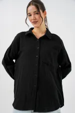 Women's Single Pocket Oversize Muslin Shirt 20353 - Black