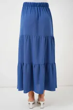 Kadın İndigo Mavi Beli Lastikli Ayrobin Uzun Etek HZL25S-BD180481