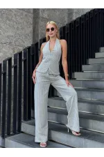Kadın Vizon Çizgili Önü Fermuarlı Bluz Pantolon İkili Takım HZL25S-ZK13691