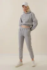 Women's Gray Hooded Printed Polar Fleece Top Crop Top with Underwire Tracksuit Set HZL23W-BD1553971
