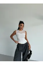 Kadın Beyaz Kolsuz Likralı Tül Detay Sandy Bluz HZL26W-FRY123721