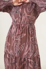 2145 Desenli Tesettür Elbise - Kahverengi